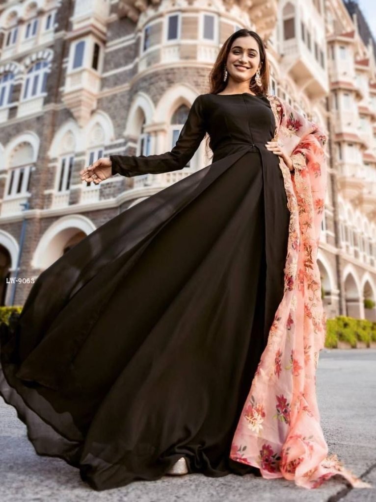 black beautiful flared floor t 1716026277 Black Beautiful Flared Floor touch Gown with Organza Dupatta
