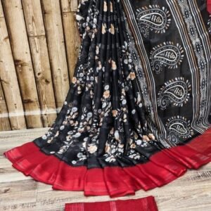 Black Color Beautiful Chiffon Jari Sarees with Flower Print