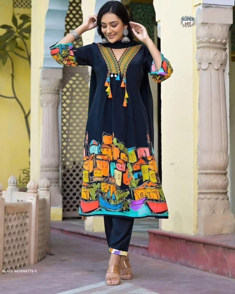 black color embroidery and mir 1712919320 Black color Embroidery and mirror work Printed Georgette designer suit