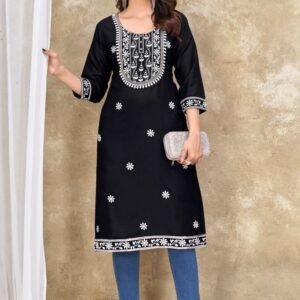 Black Color Exclusive Reyon Embroidered Work Kurti