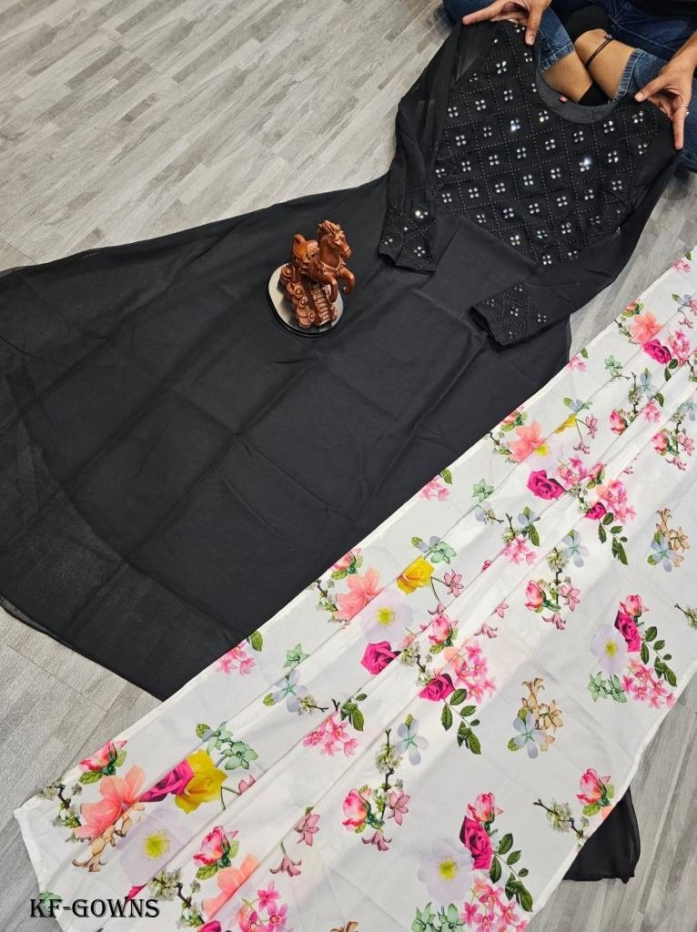 black color stunning heavy fox 1717501261 Black Color Stunning Heavy Fox Georgette Gowns with Digital Printed Dupatta