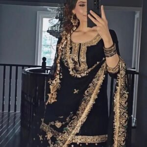 Black Designer Embroidery Sequince Work Malai Silk Dhoti Skirts Suits