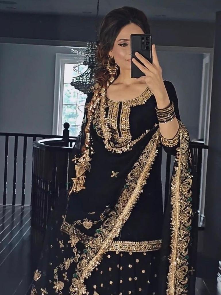black designer embroidery sequ 1731659205 Black Designer Embroidery Sequince Work Malai Silk Dhoti Skirts Suits