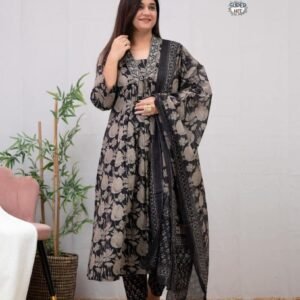 Black Elegant A Line Block Printed Fancy Kurti Pant With Dupatta