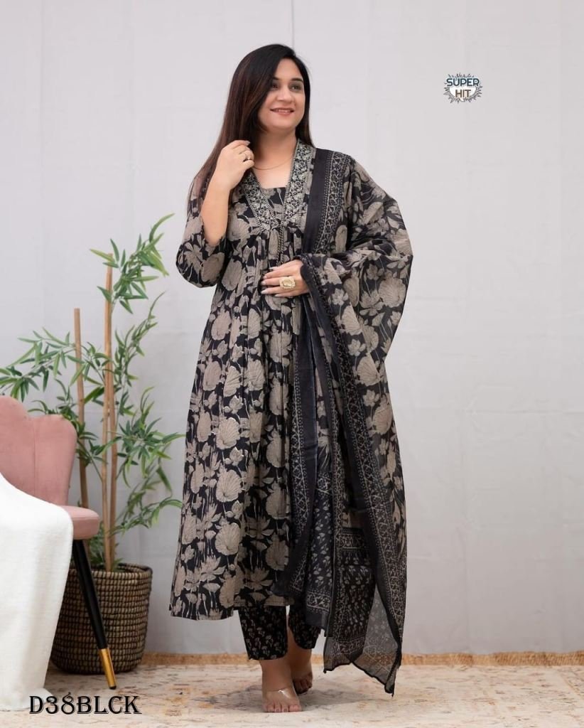 black elegant a line block pri 1719567801 Black Elegant A Line Block Printed Fancy Kurti Pant With Dupatta