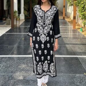 Black Embroidered Cotton Thread Rayon Palazo Kurtis