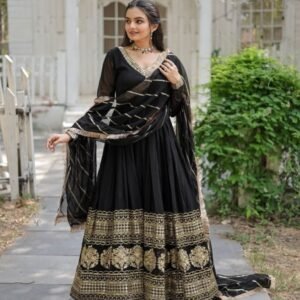 Black Embroidered Sequins Work Gown With Dupatta