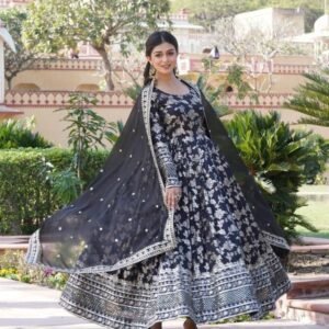 Black Embroidered Viscose Stitched Gown With Sequence Work