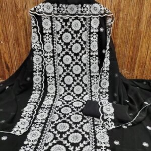 Black Embroidery Work Georgette Three Piece Unstitch Material