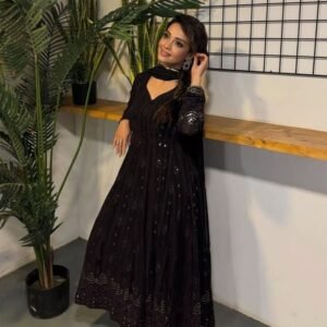 Black Faux Georgette Ready Made Embroidery Anarkali Suit