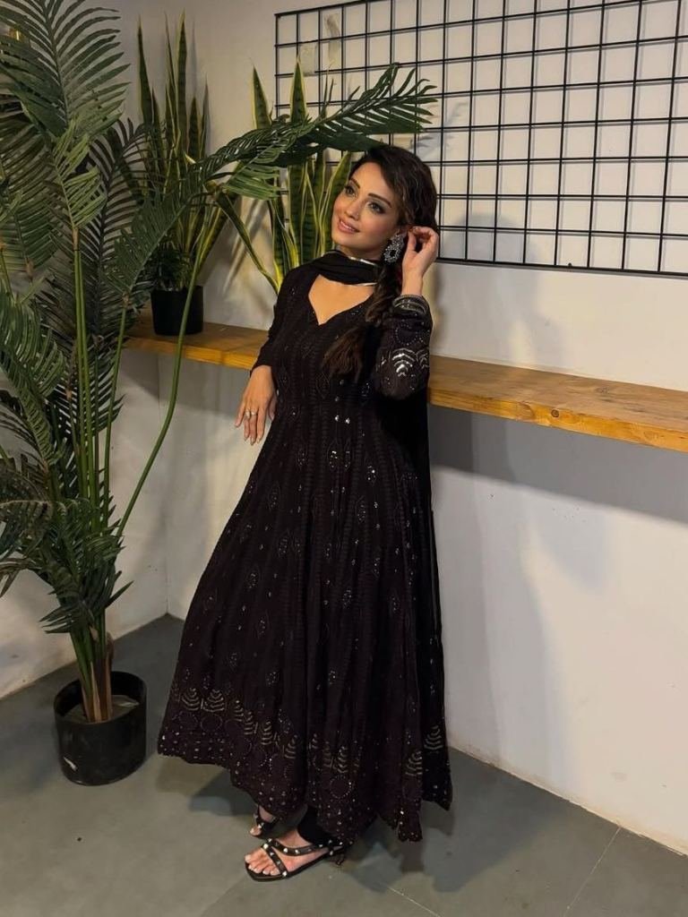 black faux georgette ready mad 1736161639 Black Faux Georgette Ready Made Embroidery Anarkali Suit