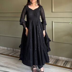 Black Fox Georgette Anarkali Gown with Lukhnowi Sequence Work And Dupatta