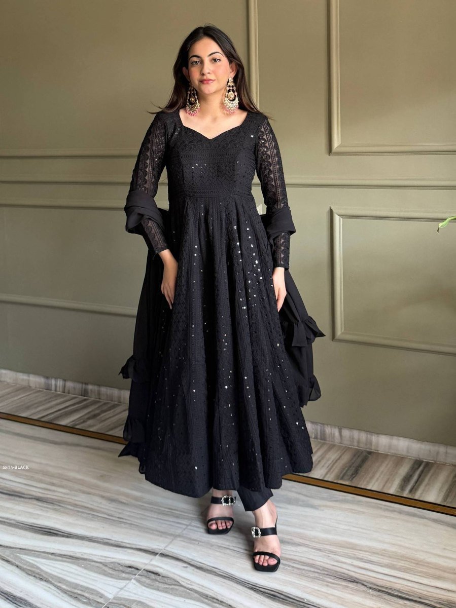 black fox georgette anarkali g 1775638554 Black Fox Georgette Anarkali Gown with Lukhnowi Sequence Work And Dupatta