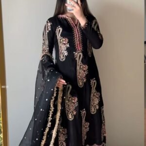 Black Fully Stitched Pure Chinnon Plazzo Suit