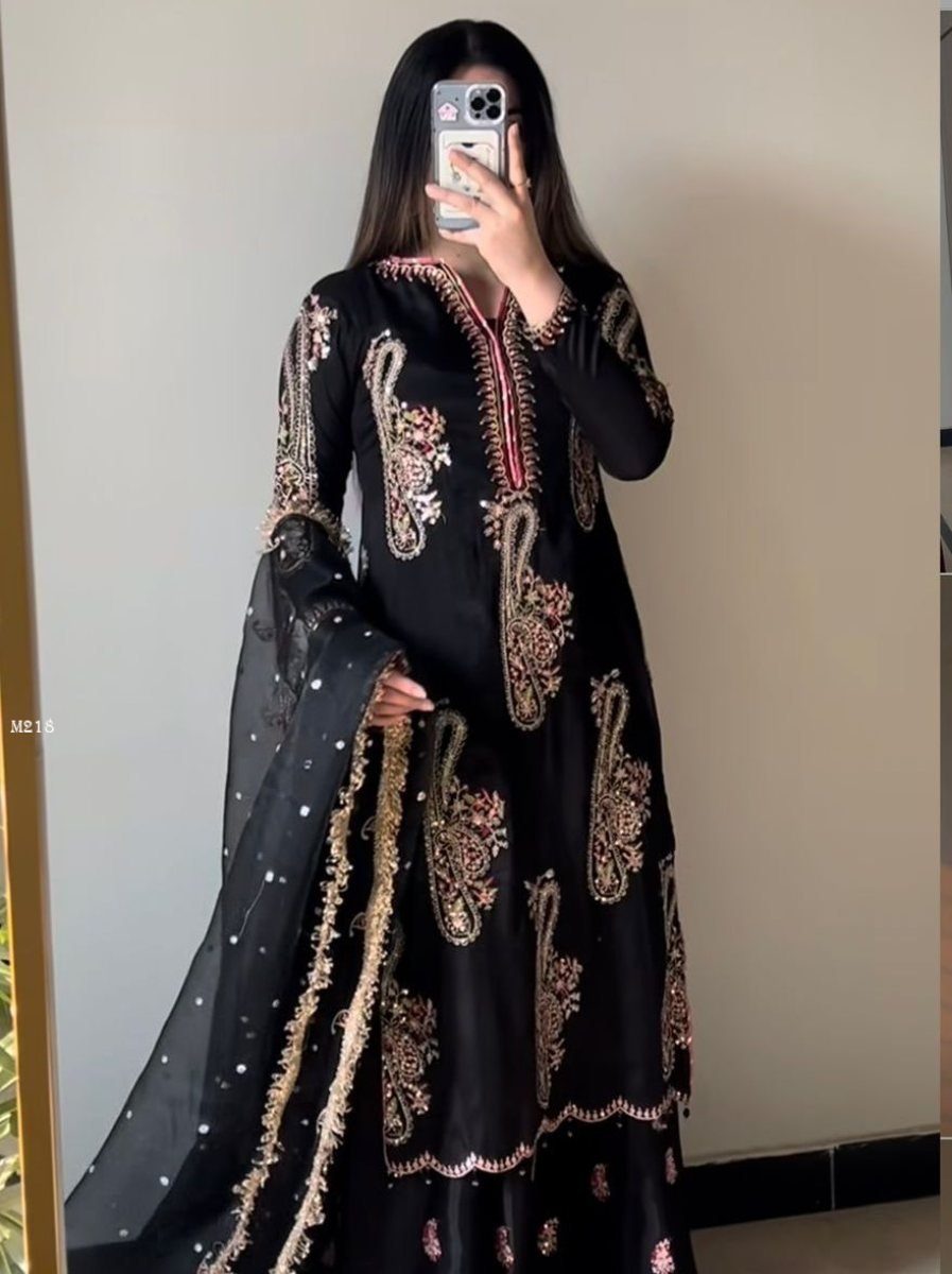 black fully stitched pure chin 1772529134 Black Fully Stitched Pure Chinnon Plazzo Suit