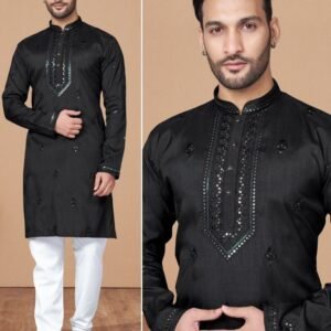 Black Party Wear Embroidery Work Silk Men Kurta With Payjama
