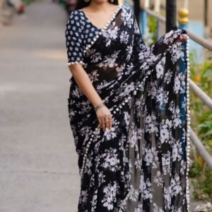 Black Georgette Floral Printed Saree With Pom Pom Border
