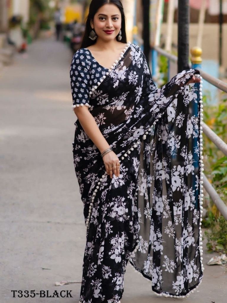 black georgette floral printed 1724153961 Black Georgette Floral Printed Saree With Pom Pom Border