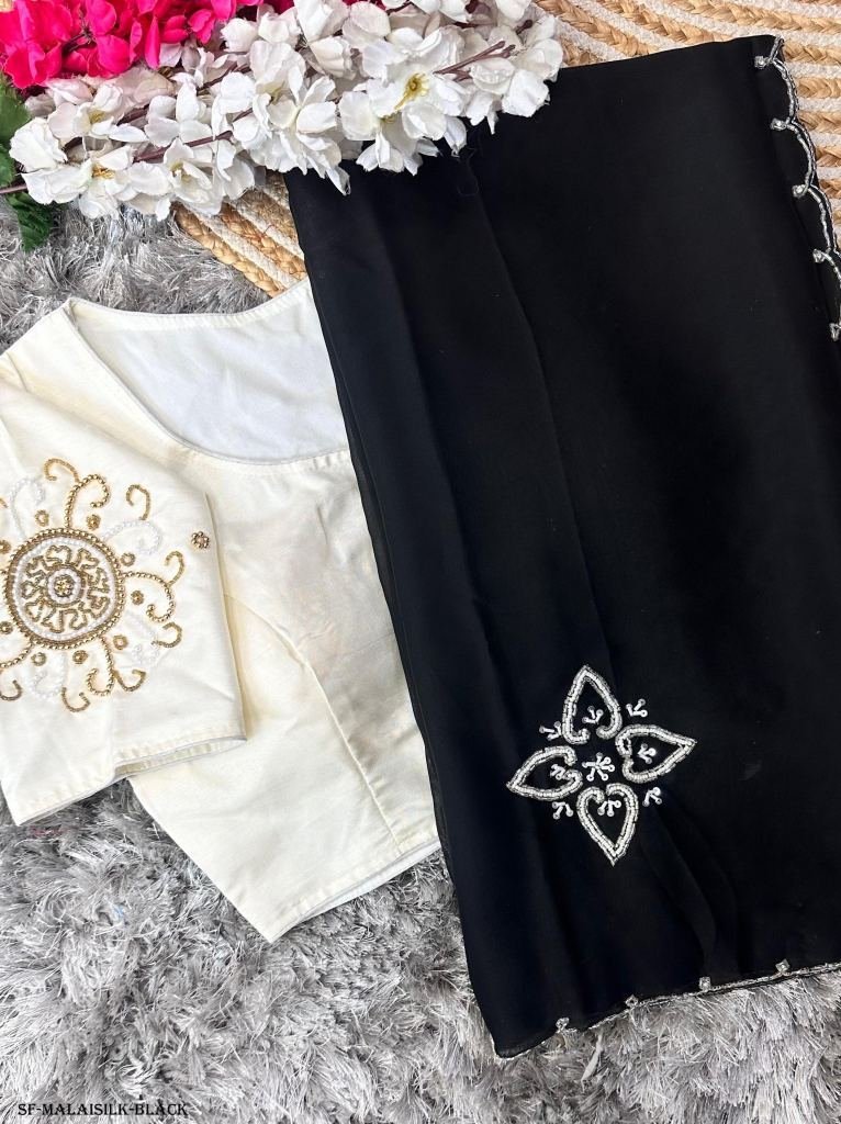 black handcrafted malai silk s 1716369135 Black Handcrafted Malai Silk Saree With Handwork Stitched Blouse
