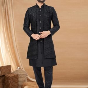 Black Imperial Shine Designer Kurta Jacket Set