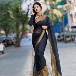 Black Plain Chiffon Ready To wear Saree