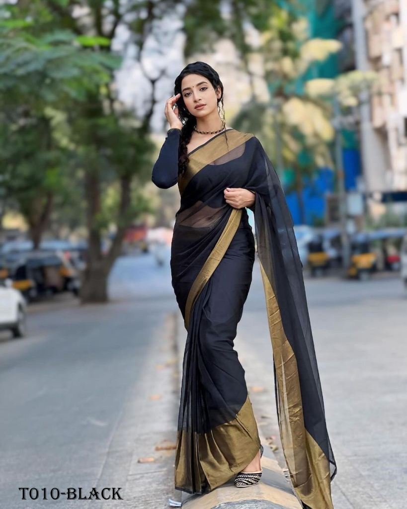black kasturi saree in silk he 1717737753 Black Plain Chiffon Ready To wear Saree