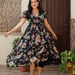 Black Flower Print One Piece Maxi Dress