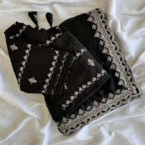 Black Party Wear Embroidery Work Soft Organza Saree