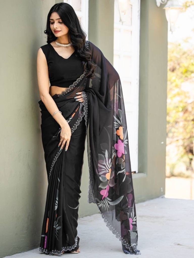 black party wear floral printe 1765875264 Black Party Wear Floral Printed Faux Georgette Saree