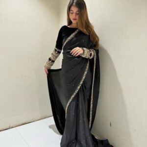 Black Party Wear Heavy Moti Work Pure Velvet Saree