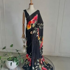 Black Party Wear Printed And Handwork Soft Organza Saree