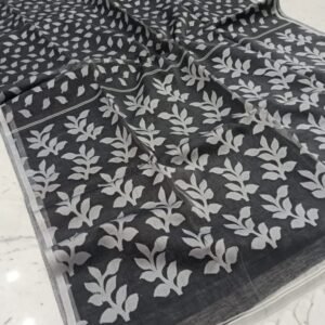 Black Pearl Print Jharapata Muslin Cotton Soft Jamdani Saree