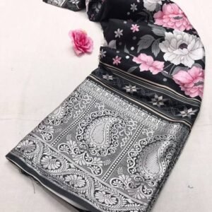 Black Printed Pure Soft Tussar Satin Silk Saree With Tassels