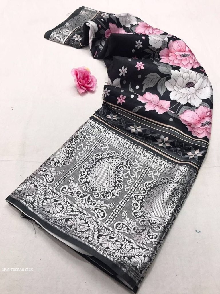 black printed pure soft tussar 1715076521 Black Printed Pure Soft Tussar Satin Silk Saree With Tassels