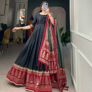 Black Readymade Foil Printed Tussar Silk Gown With Dupatta
