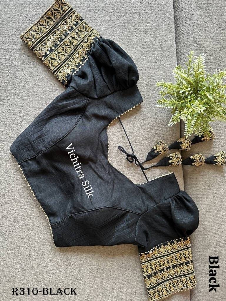 black readymade vichitra silk 1726915229 Black Readymade Vichitra Silk Blouse With Puff And Gota Less