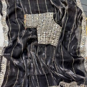 Black Real Mirror Work Border Saree With Stitched Blouse
