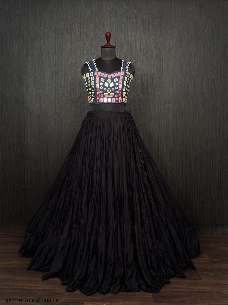 black real mirror work rayon n 1722331638 Black Real Mirror Work Rayon Navratri Lehenga Choli With Blue Blouse