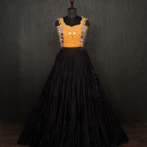 Black Real Mirror Work Rayon Navratri Lehenga Choli With Yellow Blouse