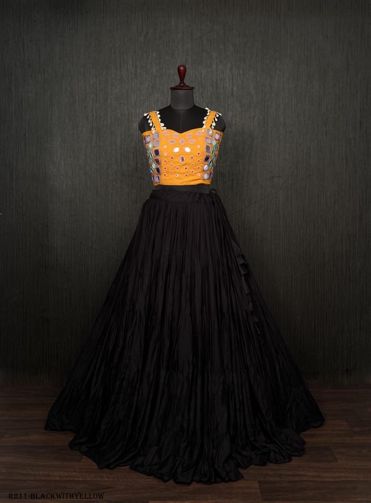 black real mirror work rayon n 1722331797 Black Real Mirror Work Rayon Navratri Lehenga Choli With Yellow Blouse