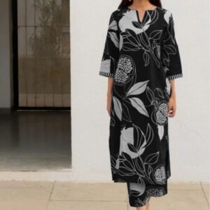 Black Regular Wear Cotton Kurtis Set With Flower Print