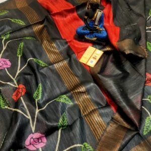 Black Screen Printed Original Tussar Ghicha Silk Saree 29
