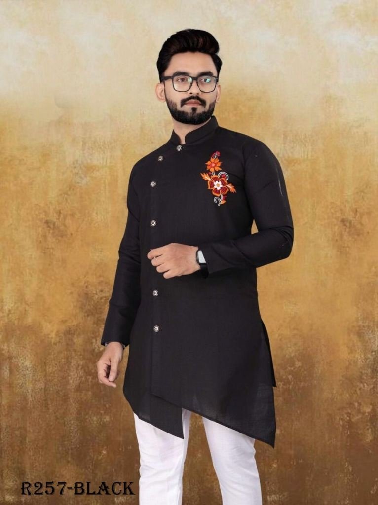 black stylish embroidery work 1725023746 Black Stylish Embroidery Work Cotton Slub Men Kurta
