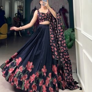 Party Wear Black Flower Print Lehenga Choli