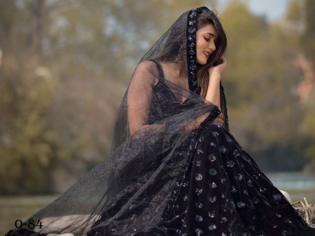 black viscose velvet lehenga c 1724932206 Black Viscose Velvet Lehenga Choli With Dupatta