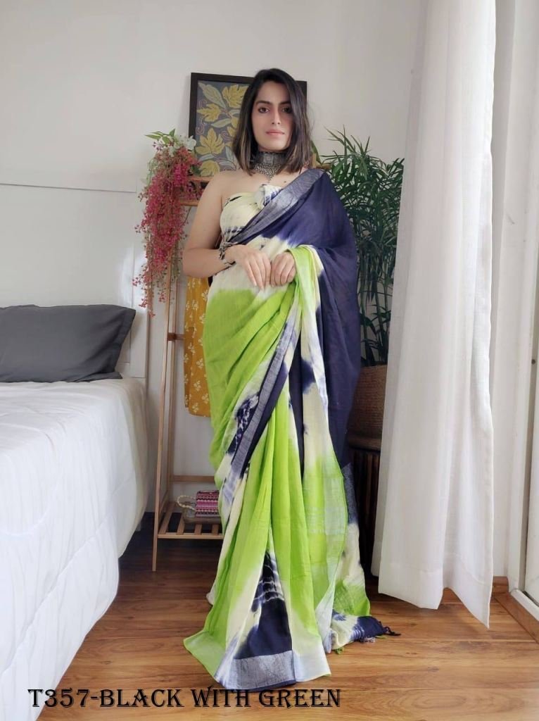 black with green shibori saree 1725012075 Black With Green Shibori Saree With Blouse