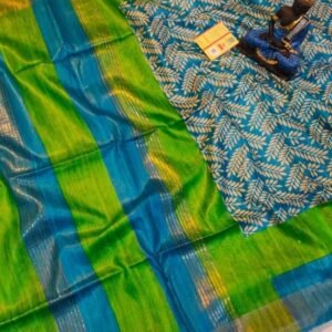 Blue and Green Screen Printed Original Tussar Ghicha Silk Saree 11