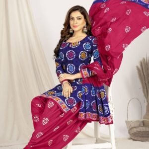Blue and Pink Pure Cotton Readymade Printed Patiala Suits