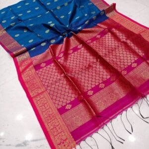 Blue And Pink Wedding Pure Muslin Banarasi Saree