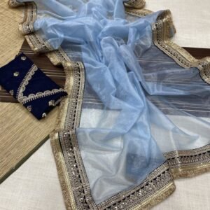 Blue Attractive And Beautiful Soft Zari Tissue Saree With Cording Work